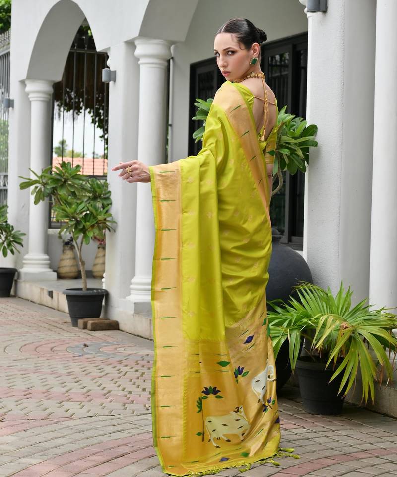 green color smart paithani woven designer banarasi silk blend saree for traditional rich looks