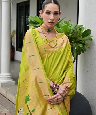 green color smart paithani woven designer banarasi silk blend saree for traditional rich looks 3