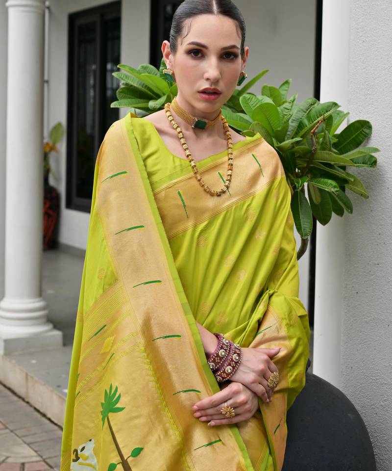 green color smart paithani woven designer banarasi silk blend saree for traditional rich looks