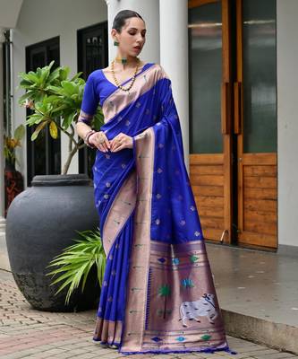 royal blue color smart paithani woven designer banarasi silk blend saree for traditional rich looks 1