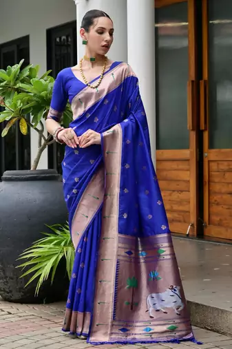 Royal blue color smart paithani woven designer banarasi silk saree for traditional rich looks
