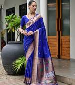 royal blue color smart paithani woven designer banarasi silk blend saree for traditional rich looks