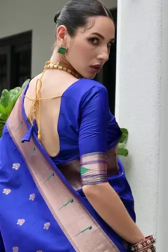 Royal blue color smart paithani woven designer banarasi silk saree for traditional rich looks