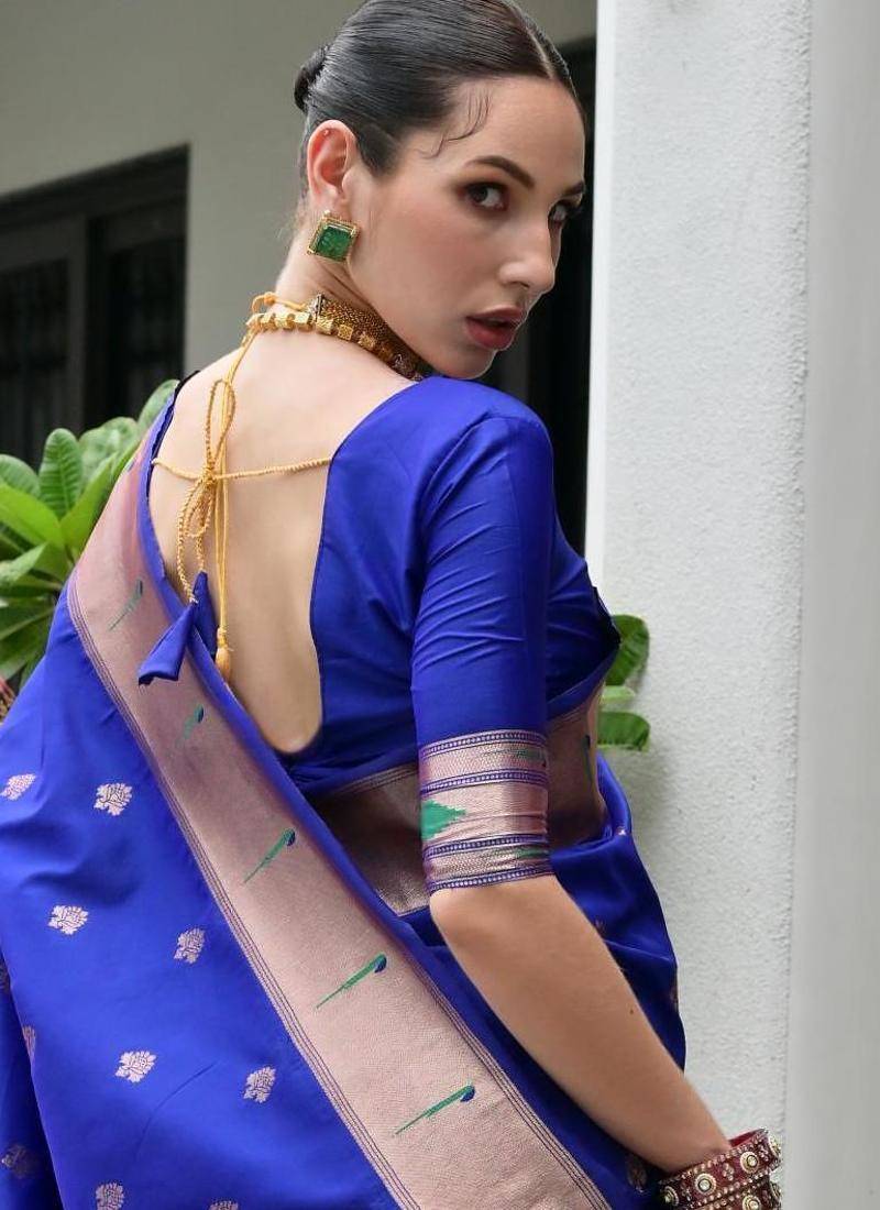 royal blue color smart paithani woven designer banarasi silk blend saree for traditional rich looks