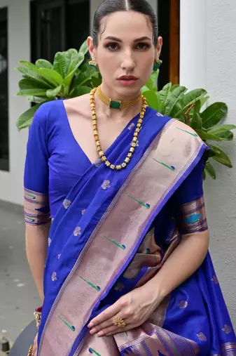 Royal blue color smart paithani woven designer banarasi silk saree for traditional rich looks