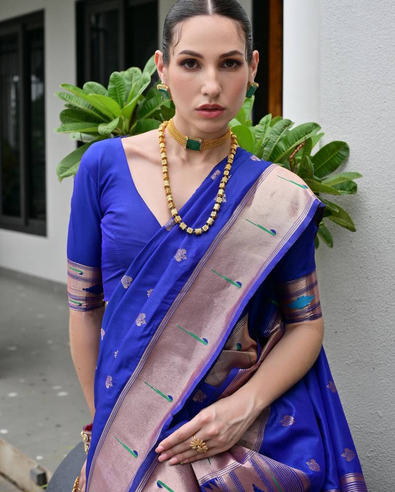 royal blue color smart paithani woven designer banarasi silk blend saree for traditional rich looks
