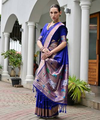 royal blue color smart paithani woven designer banarasi silk blend saree for traditional rich looks 4