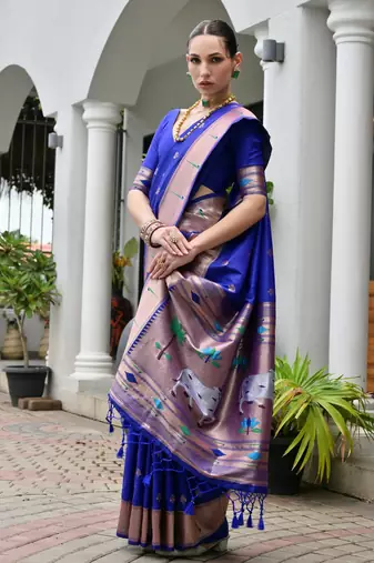Royal blue color smart paithani woven designer banarasi silk saree for traditional rich looks