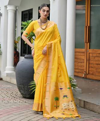 yellow color smart paithani woven designer banarasi silk blend saree for traditional rich looks 1
