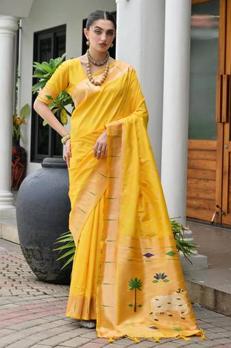 yellow color smart paithani woven designer banarasi silk blend saree for traditional rich looks
