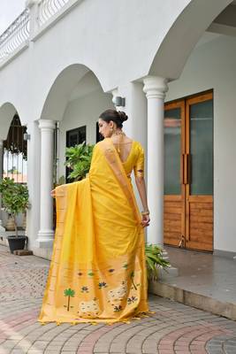 yellow color smart paithani woven designer banarasi silk blend saree for traditional rich looks 2