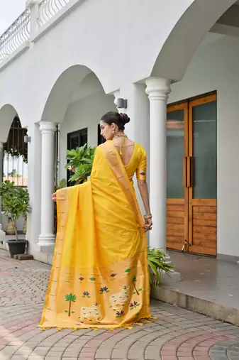 Yellow color smart paithani woven designer banarasi silk saree for traditional rich looks