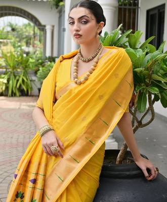 yellow color smart paithani woven designer banarasi silk blend saree for traditional rich looks 3