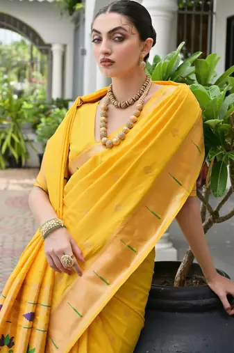 Yellow color smart paithani woven designer banarasi silk saree for traditional rich looks