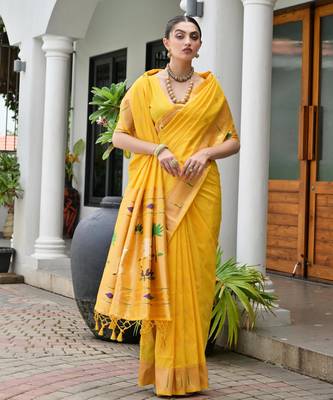 yellow color smart paithani woven designer banarasi silk blend saree for traditional rich looks 4