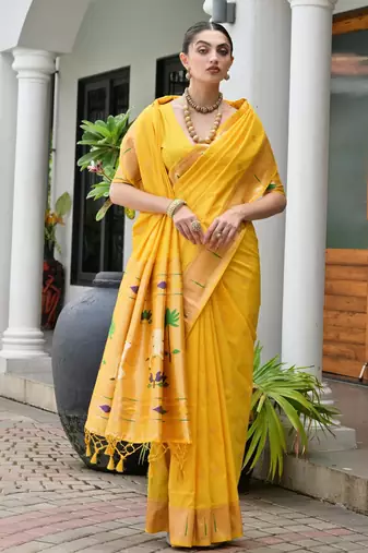 Yellow color smart paithani woven designer banarasi silk saree for traditional rich looks