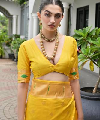 yellow color smart paithani woven designer banarasi silk blend saree for traditional rich looks 5