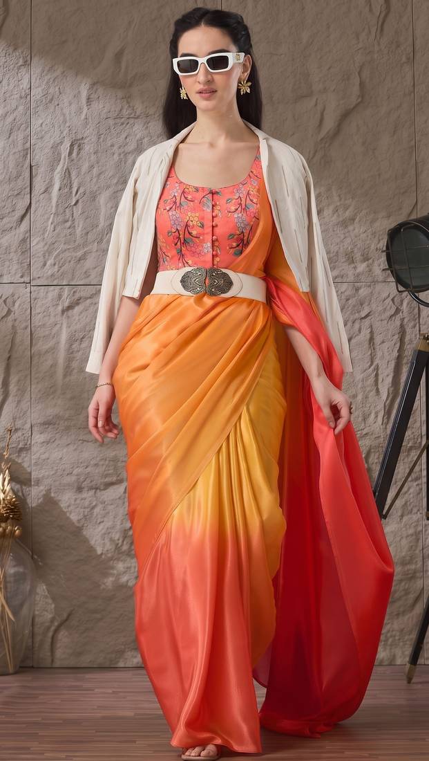 orange color smart and stylish ready to wear bollywood style saree