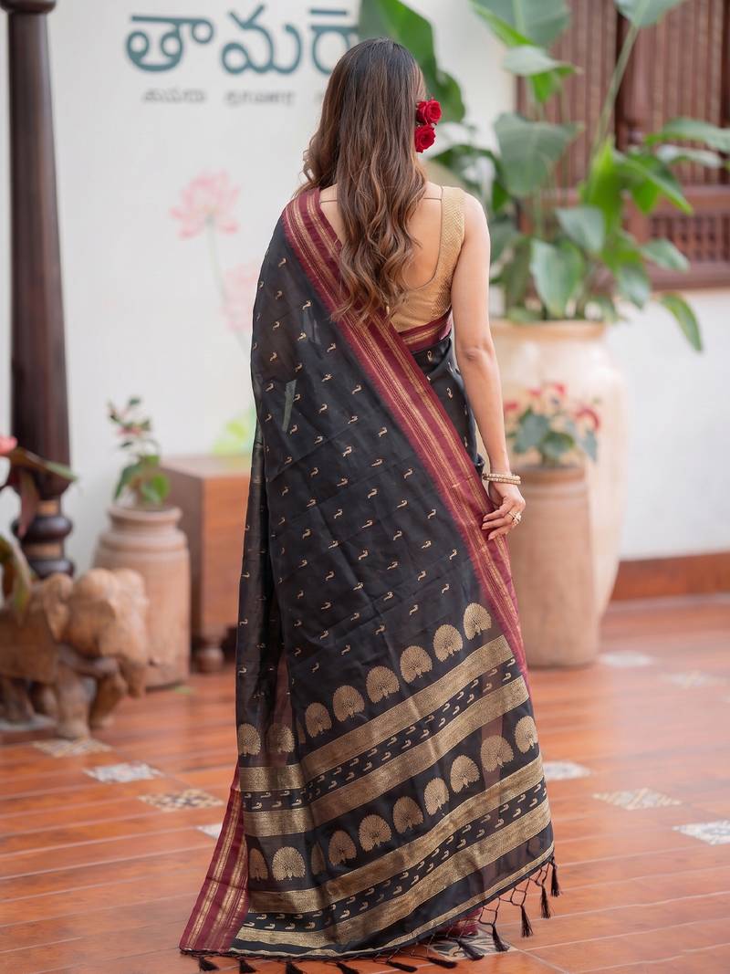 black color smart soft silk blend woven designer ethnic partywear saree
