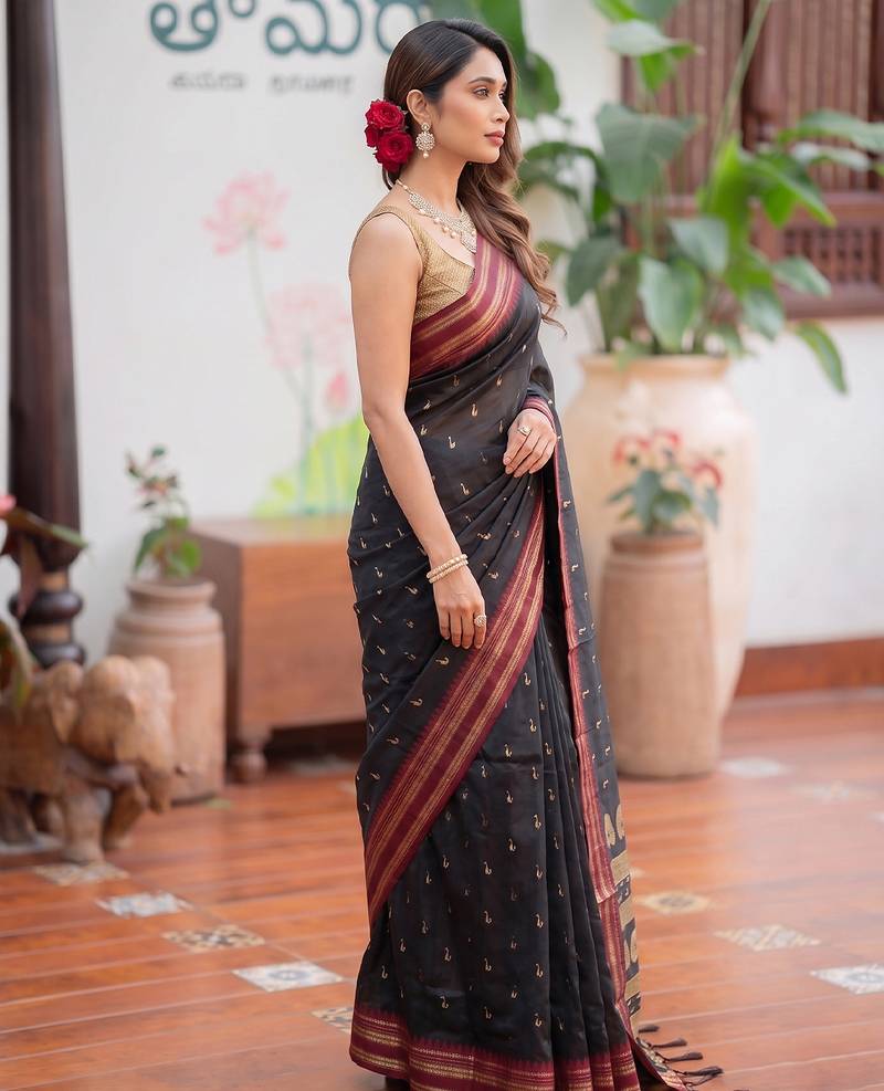 black color smart soft silk blend woven designer ethnic partywear saree
