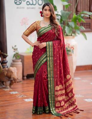 maroon color smart soft silk blend woven designer ethnic partywear saree 1