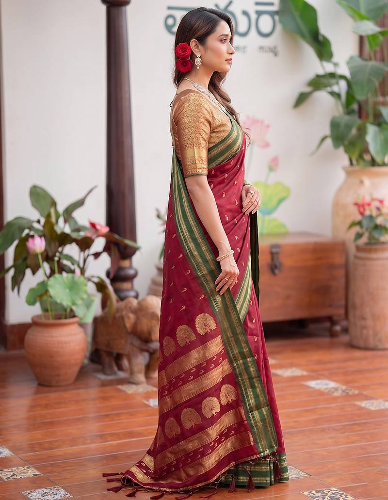 maroon color smart soft silk blend woven designer ethnic partywear saree