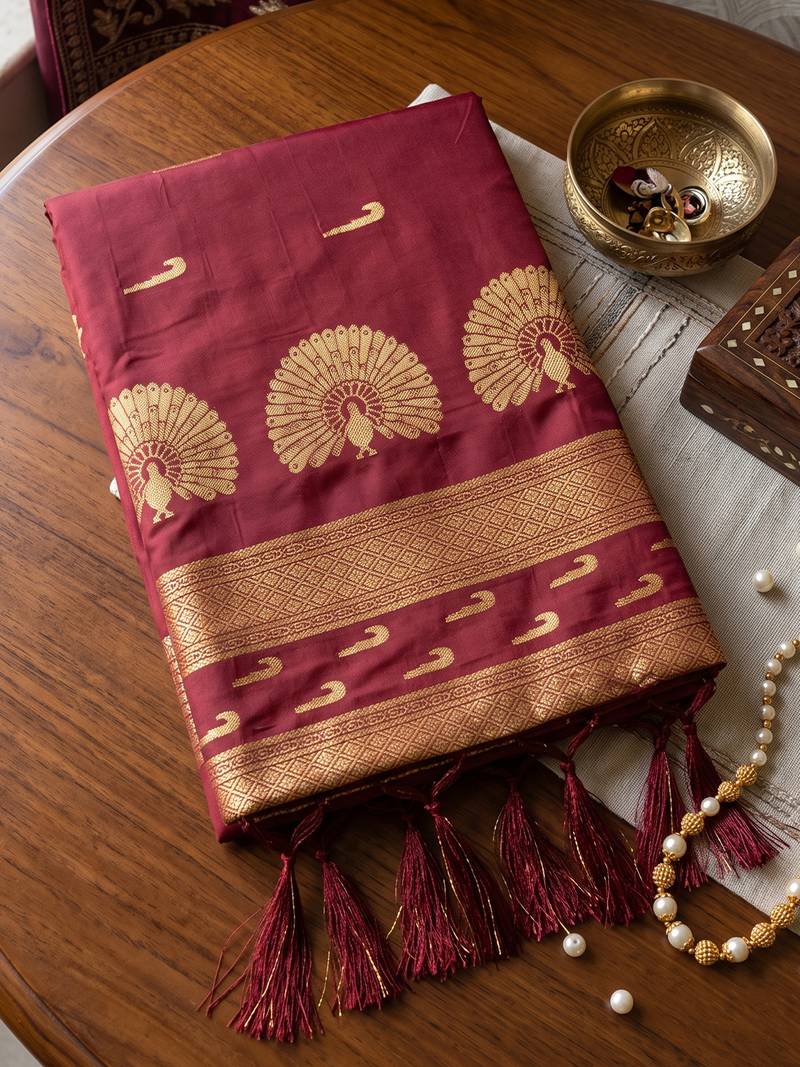 maroon color smart soft silk blend woven designer ethnic partywear saree