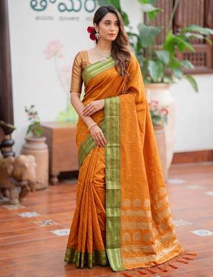 yellow color smart soft silk blend woven designer ethnic partywear saree 1