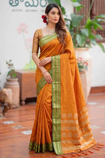 yellow color smart soft silk blend woven designer ethnic partywear saree