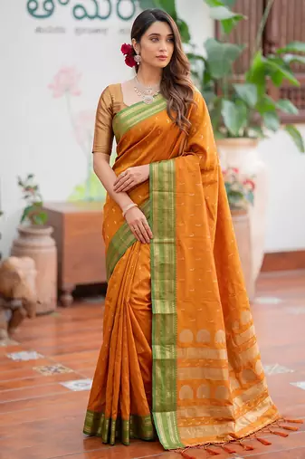 yellow color smart soft silk blend woven designer ethnic partywear saree