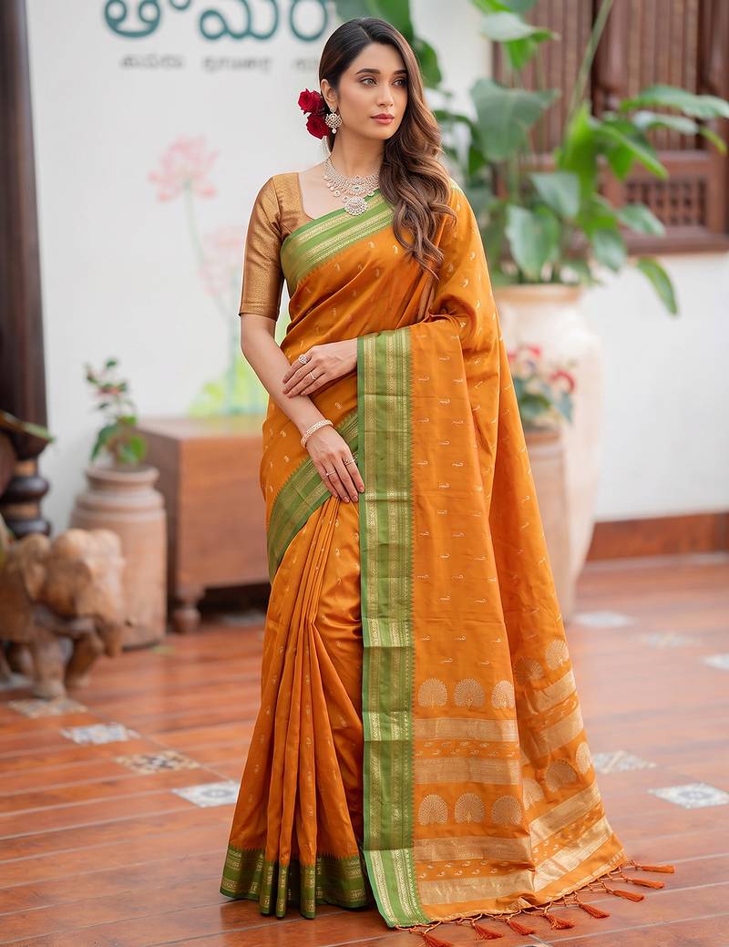 yellow color smart soft silk blend woven designer ethnic partywear saree