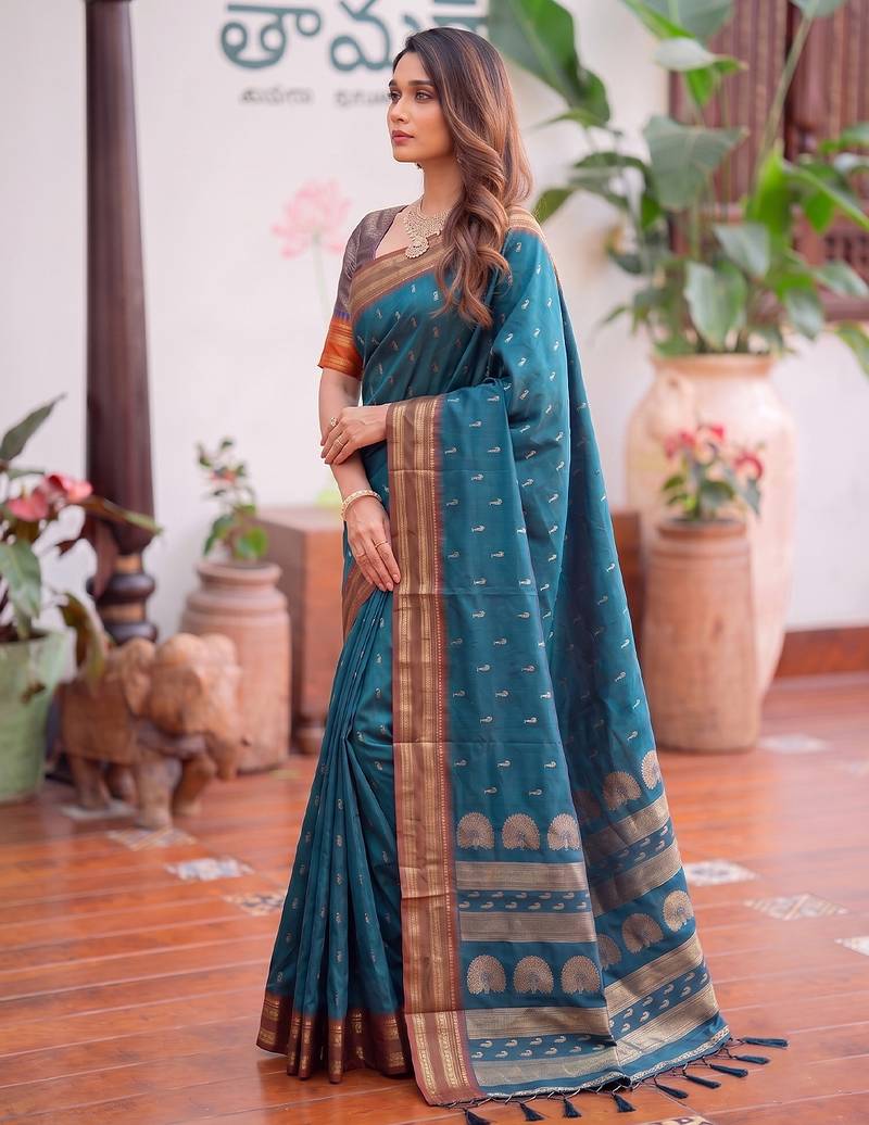 Teal blue color smart soft silk woven designer ethnic partywear saree