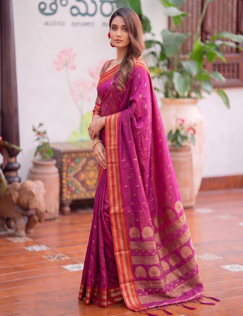 Pink color smart soft silk woven designer ethnic partywear saree