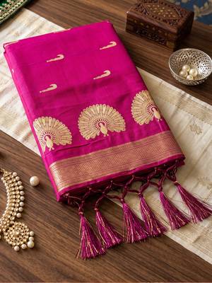 Pink color smart soft silk woven designer ethnic partywear saree 4