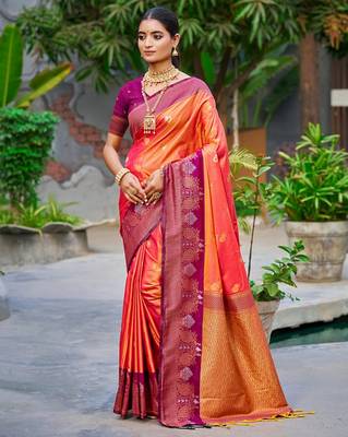 Coral orange color smart soft silk woven designer graceful traditonal fancy saree 1