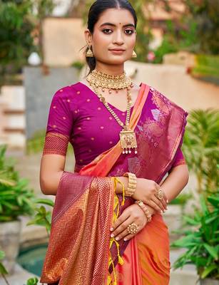 Coral orange color smart soft silk woven designer graceful traditonal fancy saree 2
