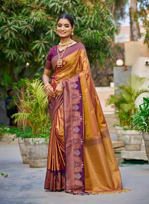 Copper gold color smart soft silk woven designer graceful traditonal fancy saree 1