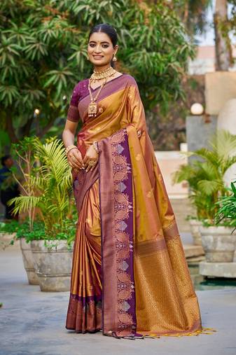 copper gold color smart soft silk blend woven designer graceful traditonal fancy saree