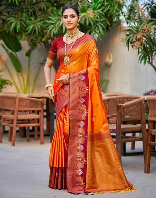 Saffron orange color smart soft silk woven designer graceful traditonal fancy saree 1
