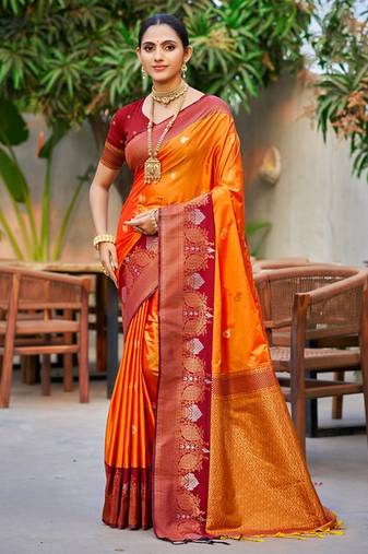 saffron orange color smart soft silk blend woven designer graceful traditonal fancy saree