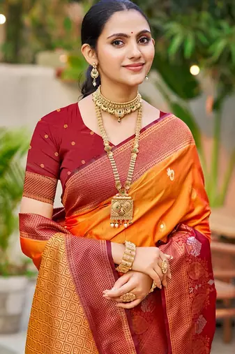Saffron orange color smart soft silk woven designer graceful traditonal fancy saree