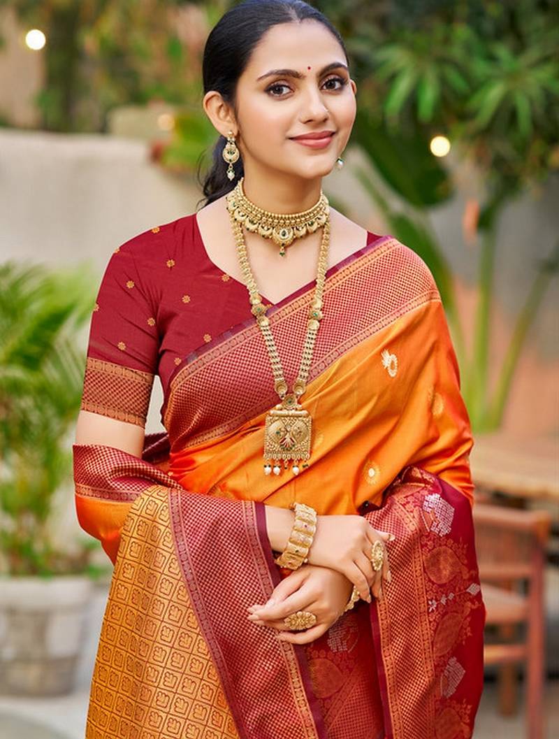 Saffron orange color smart soft silk woven designer graceful traditonal fancy saree