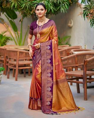 Copper gold color smart soft silk woven designer graceful traditonal fancy saree 1