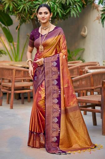 copper gold color smart soft silk blend woven designer graceful traditonal fancy saree