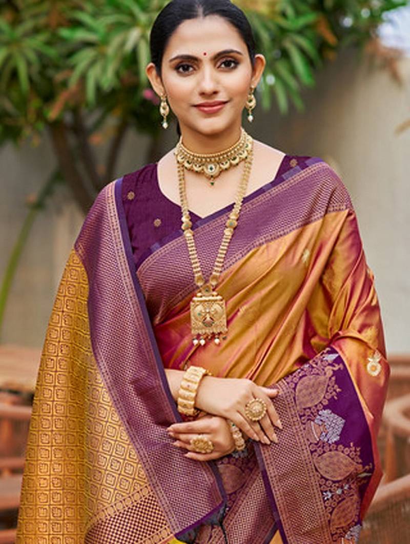 Copper gold color smart soft silk woven designer graceful traditonal fancy saree