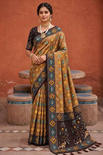 coffee color patola silk blend woven meenakari jacquard designer saree for rich traditional saree