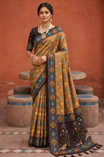 Coffee color patola silk woven meenakari jacquard designer saree for rich traditional saree