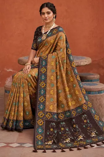 Coffee color patola silk woven meenakari jacquard designer saree for rich traditional saree