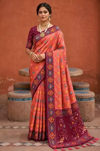 Gajri color patola silk woven meenakari jacquard designer saree for rich traditional saree