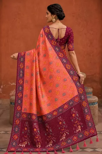 Gajri color patola silk woven meenakari jacquard designer saree for rich traditional saree